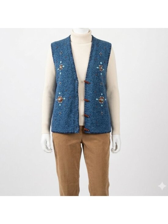 Lady Lilly Sweaters - Turquoise Bejeweled Blue Marled Knit Toggle Vest Womens 2X Eclectic Art To Wear